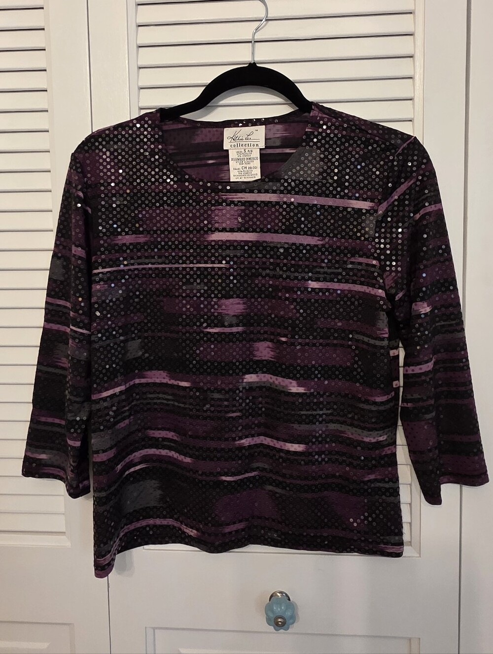 Vintage Kathie Lee Collection Purple Sequin 3/4 Sleeve Y2K Glam Party Blouse, SM